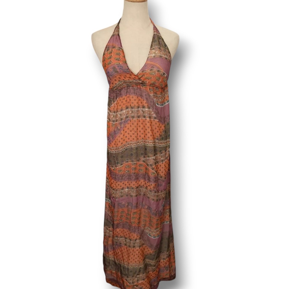 What Goes Around Comes Around Silk Slip Dress Medium Boho Festival Halter Y2K